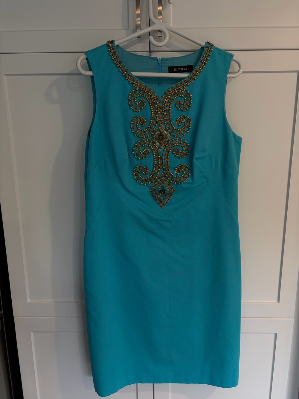 Ellen Tracy Turquoise Sheath Dress with Gold Beaded Neckline
